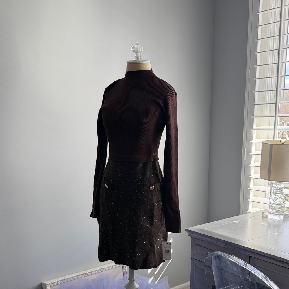 Chic Long Sleeve Knit Dress in Deep Brown